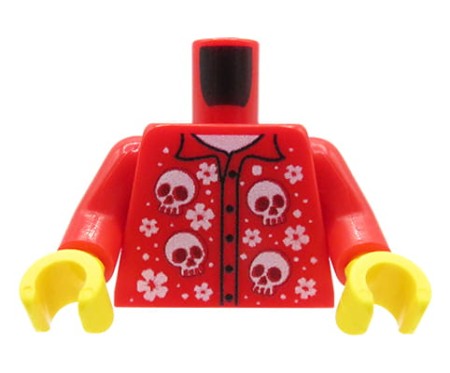 Custom LEGO® torso – red button-up shirt with white skulls and flowers, yellow hands, custom UV print by Extra Extra Bricks
