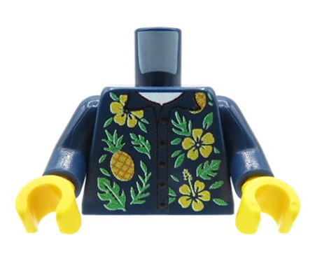 Custom LEGO® Torso – chemise hawaïenne bleu marine avec des fleurs jaunes et des feuilles vertes, impression UV custom par Extra Extra Bricks