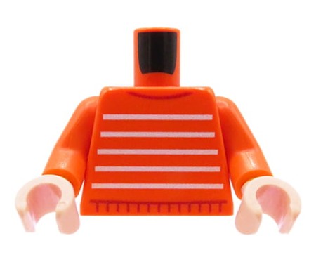 Custom LEGO® torso – red sweater with white stripes, flesh-colored hands, custom UV print by Extra Extra Bricks on an original LEGO® torso