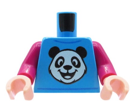 Custom LEGO® torso – blue and pink longsleeve with a panda head, flesh-colored hands, original custom UV print by Extra Extra Bricks on an original LEGO® torso