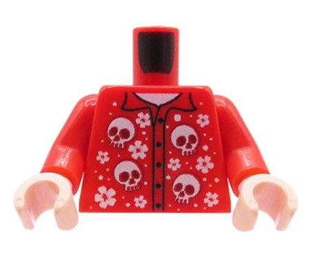 Custom LEGO® Torso – chemise rouge boutonnée avec des têtes de mort et des fleurs blanches, mains couleur chair, impression UV custom par Extra Extra Bricks