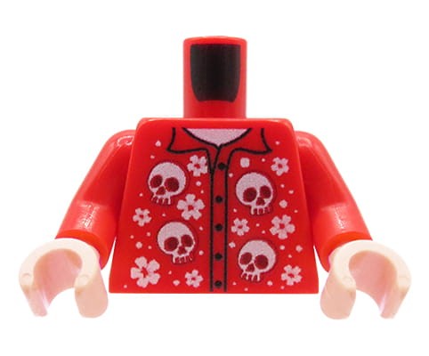 Zum Produkt Minifiguren-Torso (rotes Totenkopf-Hemd, hautfarbene Hände) – Custom Druck auf LEGO® Torso