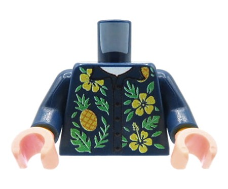 Custom LEGO torso – navy blue Hawaiian shirt with yellow and green floral print, flesh-colored hands, custom UV print by Extra Extra Bricks