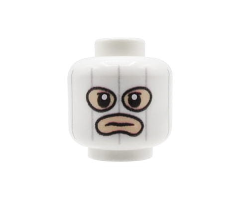 Zum Produkt Minifiguren-Kopf (weiße Sturmhaube, hautfarbenes Gesicht) – Custom Druck auf LEGO® Kopf