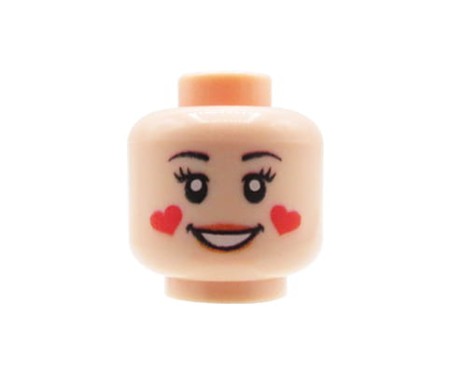 Tête LEGO Custom – visage couleur chair, féminine, large sourire et rougeurs amoureuses en forme de cœurs sur les joues – impression UV Custom par Extra Extra Bricks sur tête LEGO®