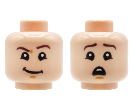 Tête de figurine LEGO®, couleur chair, double face, masculine, visage souriant / visage effrayé