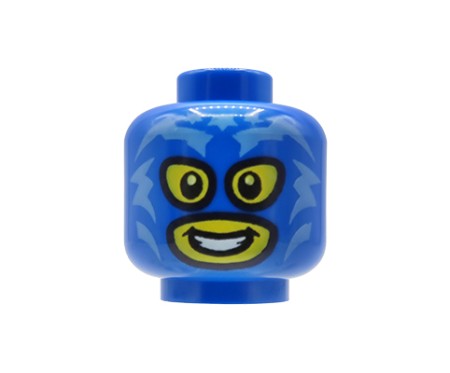 Tête de figurine LEGO® avec cagoule bleue avec ouvertures pour les yeux et la bouche et lien à l’arrière, visage masculin jaune