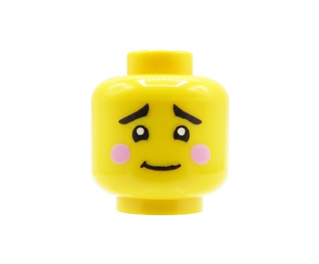 LEGO® minifigure head male yellow face embarrassed expression subtle smile blushing cheeks