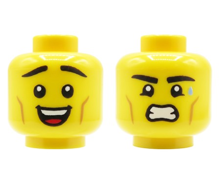 LEGO® Minifiguren-Kopf in Gelb, doppelseitiges männliches Gesicht, breites Lächeln / wütender Gesichtsausdruck
