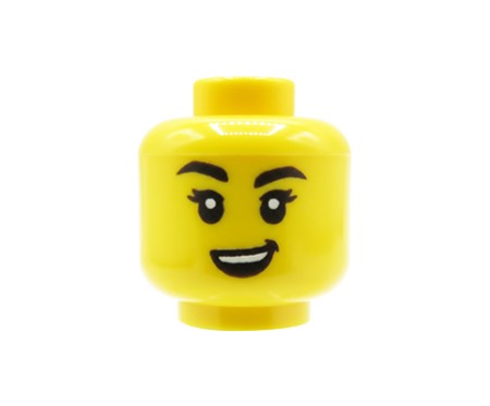 Tête de figurine LEGO®, couleur jaune, visage féminin avec large sourire espiègle