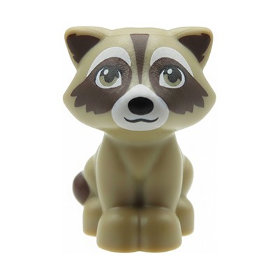 LEGO® Friends raccoon dark tan sitting with brown white face patches and striped tail animal figure
