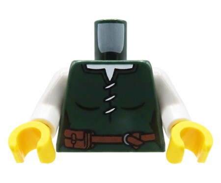 Torse de figurine LEGO®, tunique vert foncé lacée pour femme, ceinture marron avec sacoche, chemise blanche