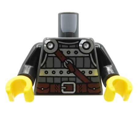Torse de figurine LEGO®, armure gris argenté, ceinture marron, manches noires