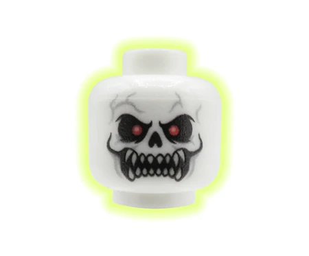 Tête LEGO® custom fantôme / esprit – phosphorescente, yeux rouges, visage en colère, dents apparentes, custom impression UV