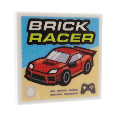 Custom LEGO® Rennspiel – „Brick Racer“ UV Druck auf weißer LEGO® Fliese (2x2)