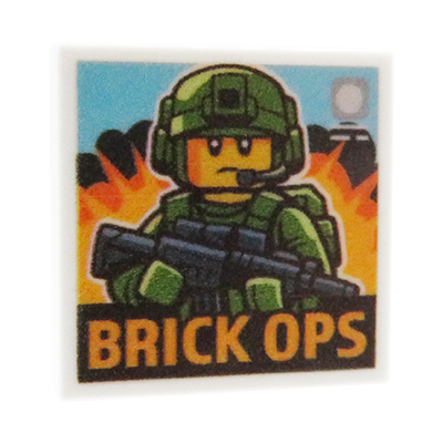 Custom LEGO® shooter game – "Brick Ops" print on white LEGO® tile (2x2)