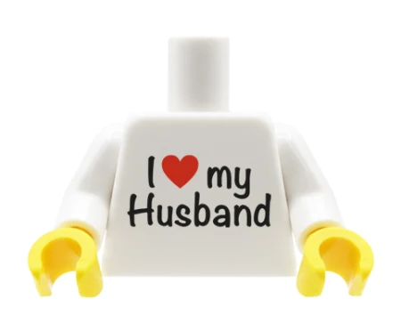 Custom LEGO torso – white T-shirt with “I love my Husband” print