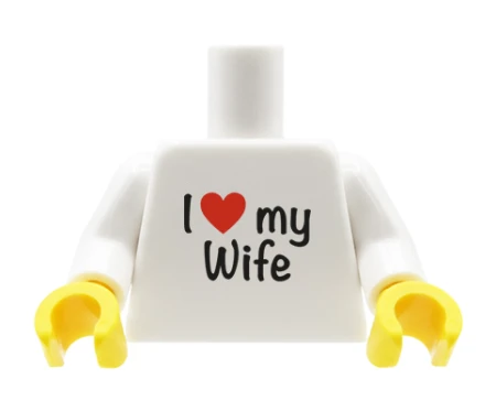 Custom LEGO Torso – weißes T-Shirt mit „I love my Wife“-Aufdruck