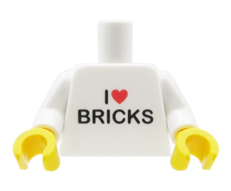 Custom LEGO Torso – weißes T-Shirt mit „I love bricks“-Aufdruck