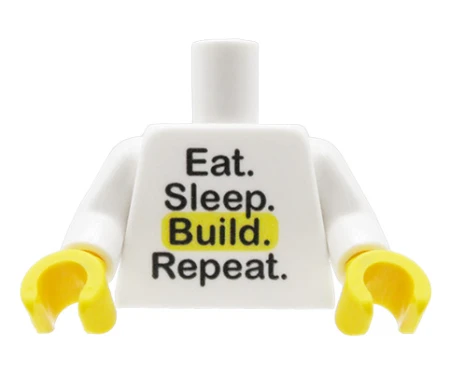 Custom LEGO torso – white T-shirt with “Eat Sleep Build Repeat” print