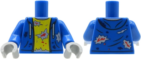 Tors LEGO custom - Zombie - niebieska bluza i źółta koszulka z rozdarciami plamami krwi, szare dłonie - przód i tył