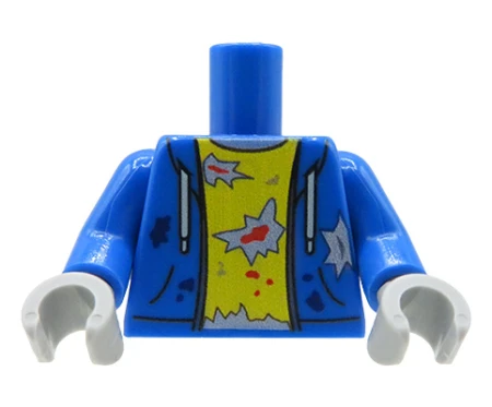 Custom LEGO torso – Zombie – blue hoodie and yellow T-shirt with rips and blood stains, grey hands