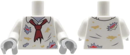 Tors LEGO custom - Zombie - biała koszula z krawatem, podarta, plamy brudu i krwi, szare dłonie - przód i tył