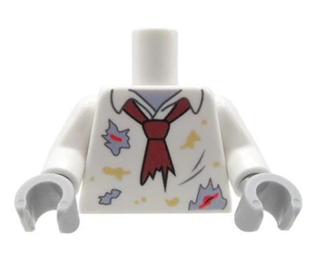Custom LEGO Torso – Zombie – zerrissenes weißes Hemd mit Krawatte, Schmutz- und Blutflecken, graue Hände