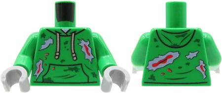 973eeb002Tors LEGO custom - Zombie - zielona bluza z kapturem z rozdarciami i plamami krwi, szare dłonie - przód i tył