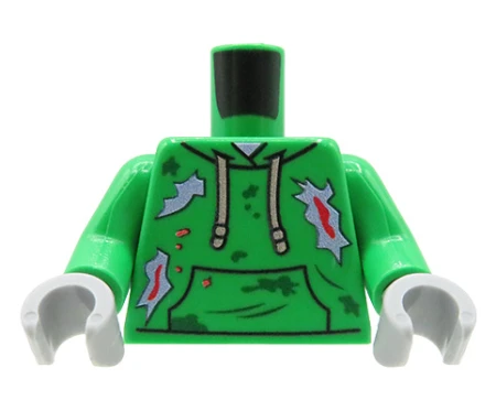 Custom LEGO torso – Zombie – green hoodie with rips and blood stains, grey hands