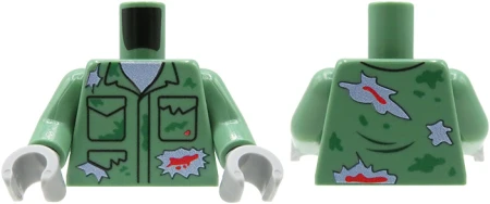 Tors LEGO custom - Zombie - kurtka / kombinezon, piaskowo-zielony, rozdarcia, plamy krwi i brudu, szare dłonie - przód i tył