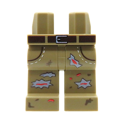 Custom LEGO legs – Zombie – sand-colored trousers with pockets and belt, multiple rips, blood and dirt stains