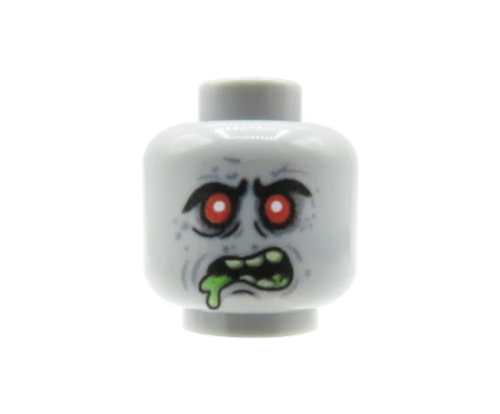 Custom LEGO head – Zombie – light grey, red eyes, open mouth, green drool