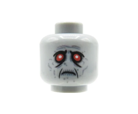 Custom LEGO head – Zombie – light grey, gloomy expression, red eyes