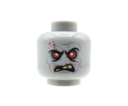 Custom LEGO Kopf – Zombie – gereizter, wütender Gesichtsausdruck mit offenem Mund, tiefgezogenen Augenbrauen und bedrohlichem Blick