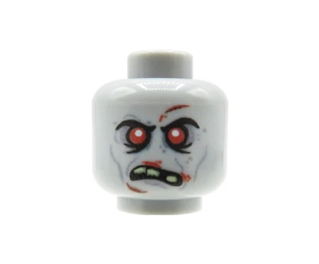 Custom LEGO Kopf – Zombie – düsterer Gesichtsausdruck, leicht geöffneter Mund, hervorstehende Zähne, rote Augen und tief sitzende Augenbrauen