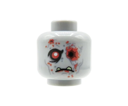 Custom LEGO Kopf – Zombie – ein Auge fehlt, zusammengepresster Mund, Blutflecken