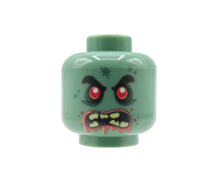 Custom LEGO head – monster / orc, sand green, angry expression, red eyes, bared teeth