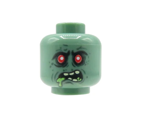 Custom LEGO Kopf – Monster / Ork, sandgrün, rote Augen, grüner Speichel, der aus dem Mund tropft