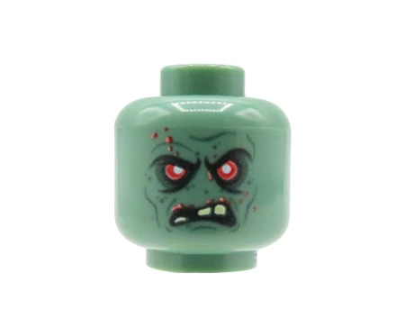 Custom LEGO head – orc / monster, sand green, menacing look, red eyes, bared teeth