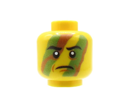 Custom LEGO head – woodland camouflage, gloomy expression, yellow face