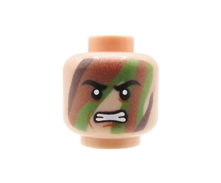 Custom LEGO Kopf, Waldtarnmuster, wütender Gesichtsausdruck, hautfarbenes Gesicht