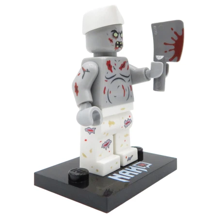 Figurka lego custom Undead Chef - kucharz zombie z tasakiem na podstawce, widok z boku