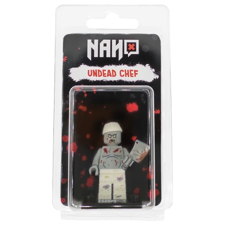 Figurka lego custom Undead Chef - kucharz zombie z tasakiem na podstawce, opakowanie