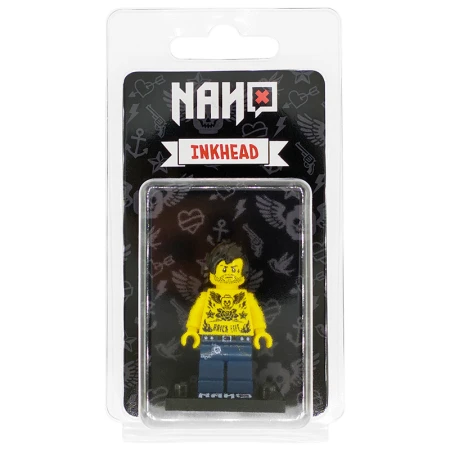 Figurka lego custom Inkhead - fan tatuaży na podstawce, zapakowana w blister