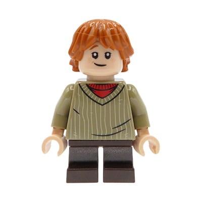 LEGO Harry Potter Minifigure - Ron Weasley - dark brown short legs, dark tan sweater.