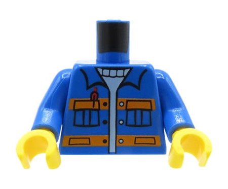 LEGO minifig torso - blue jacket with pockets, orange stripes.