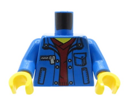 LEGO minifigure torso - blue jacket with pockets, dark red shirt.