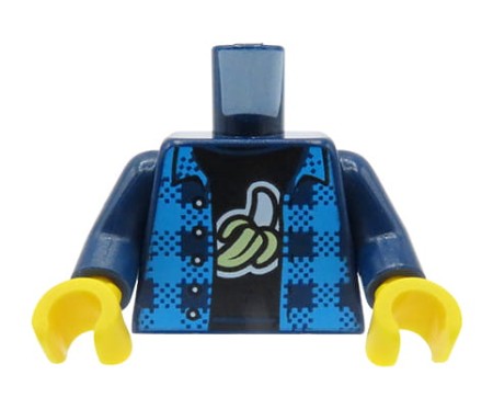 LEGO Minifiguren-Torso – dunkelblaues aufgeknöpftes Hemd mit blauem Karomuster, schwarzes T-Shirt mit Bananenaufdruck