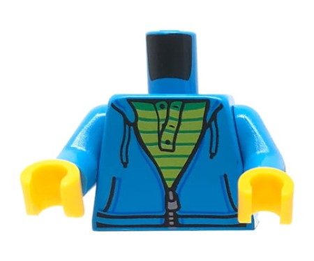 LEGO minifig torso - dark azure hoodie with zipper, green striped shirt.
